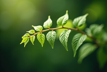Obraz premium Green Leaved Plant Branch on Vibrant Green Background