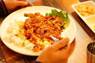 제육덮밥을 맛있게 먹고 있는 모습