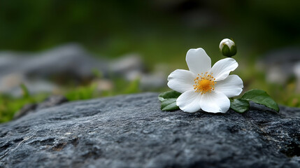 Fototapeta premium White flower blooms beautifully on a rock in a tranquil garden with a soft, blurred green background.