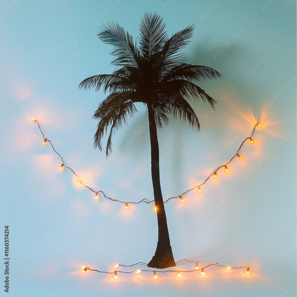Poster silhouette palm tree with string lights.