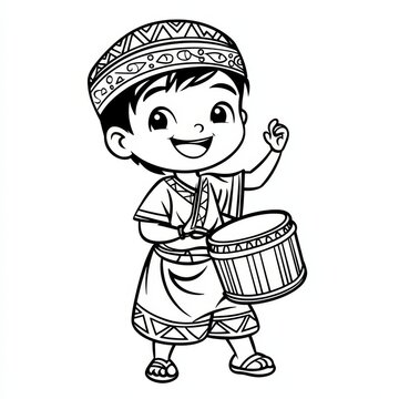 recommend clip art: Joyful Drummer Boy: A cheerful cartoon illustration of a young boy, dressed in traditional attire, happily playing a drum.