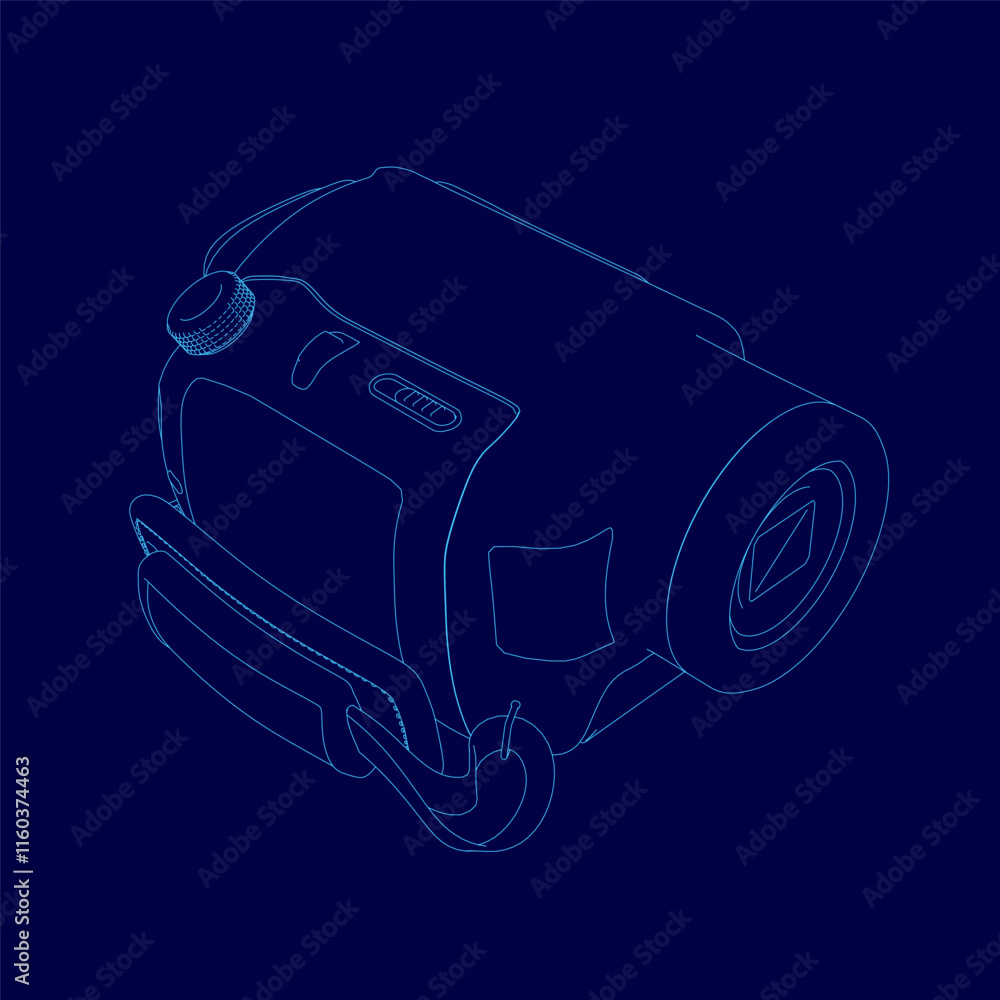Poster blue drawing of a camera with a blue outline. the camera is a small, compact device with a screen. t