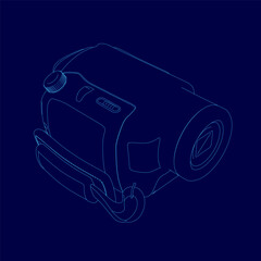 Blue drawing of a camera with a blue outline. The camera is a small, compact device with a screen. The camera is designed to be easy to use and portable