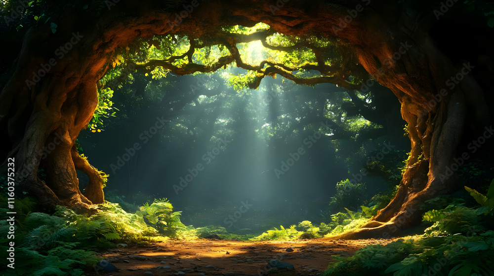 Poster magical jungle path with sunbeams illuminating through ancient trees and lush ferns.