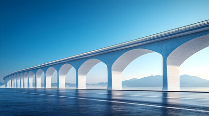 Long Arch Bridge Spans Over Calm Water with Distant Mountains, Clear Blue Sky.