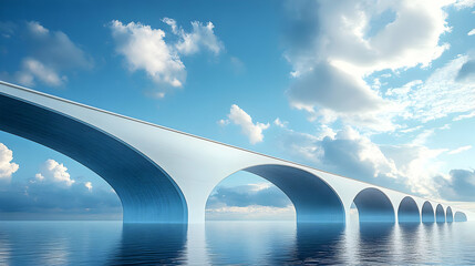 Long white bridge stretches across calm blue water under a bright blue sky with fluffy white clouds.