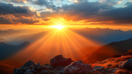 Sunset illuminates majestic mountain landscape with vibrant colors and dramatic cloudscape.