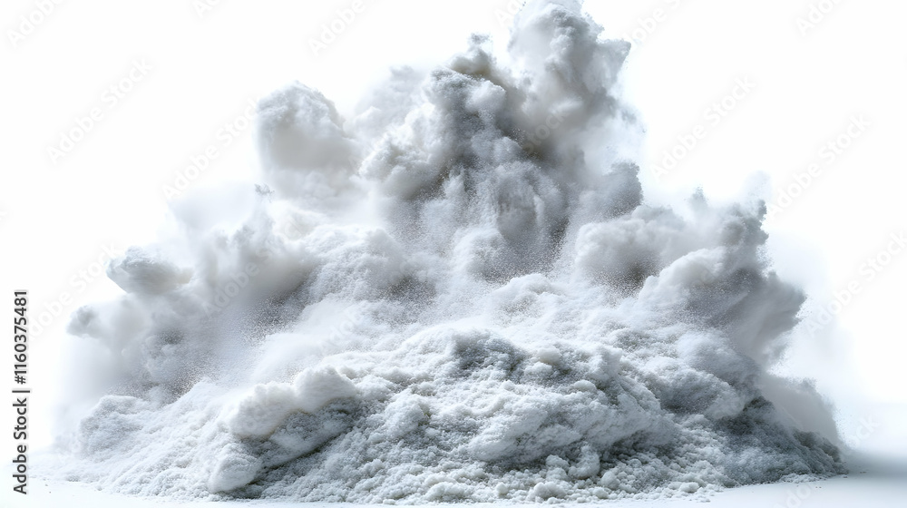 Poster white powder explodes upward creating a dynamic cloud formation on a white background