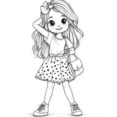 Fototapeta premium Adorable Girl in Polka Dots: A charming illustration of a young girl with long, wavy hair, a polka-dot skirt, and a cute little handbag. Perfect for coloring pages, children's books.