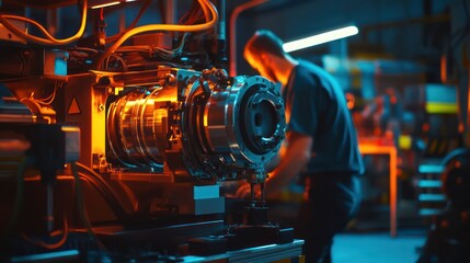 Upkeep and repair of workplace machinery captured with vibrant colors and dynamic lighting.