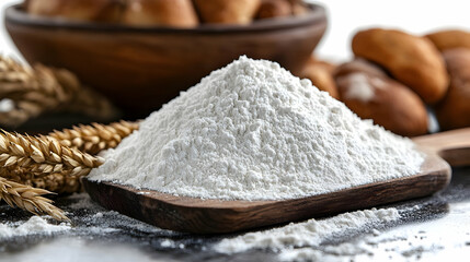White Flour Piled on Wooden Board with Wheat and Bread Rolls in Background