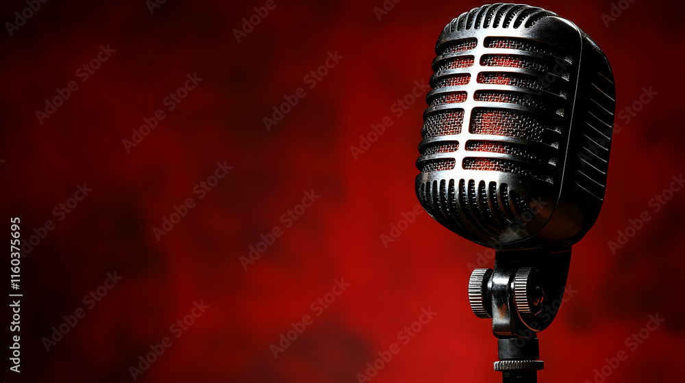 Poster retro microphone stands on a red background, ready for a performance or recording session.