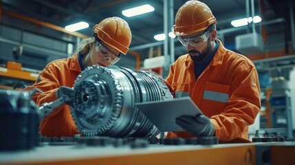 A professional industrial workspace featuring two technicians working on a partially disassembled electric motor placed on a clean and organized workbench. 