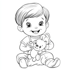 Obraz premium Adorable Toddler with Toy: A cheerful toddler sits contentedly, clutching a beloved stuffed animal. This charming black and white illustration is perfect for coloring books, children's publications.