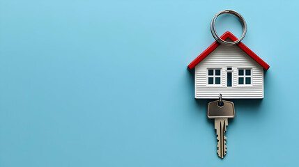 Miniature House Keychain with Key Represents New Home Purchase on a Serene Blue Background