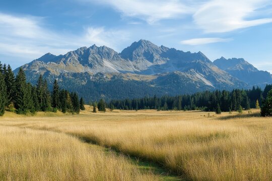 Majestic mountain range viewed from a golden meadow.
