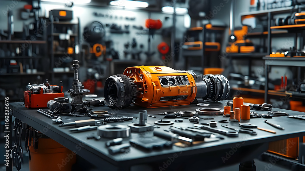 Poster disassembled orange machine with parts on workbench in well-organized workshop with various tools