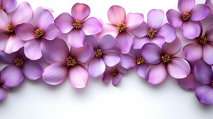 Purple flowers arranged beautifully on a white background create a delicate and elegant floral display.