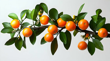 Ripe Oranges Hanging on a Branch with Green Leaves on a Light Background