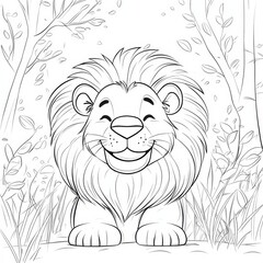 Smiling Lion in Forest: A playful lion cub with a wide grin peeks through the foliage in a whimsical illustration, ready for your imagination to bring it to life. 