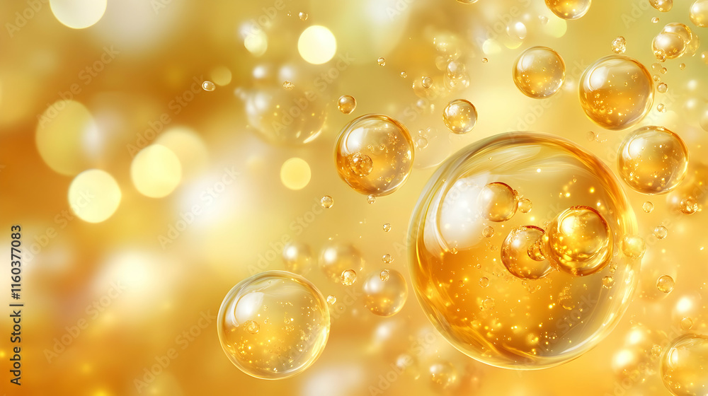 Poster golden oil bubbles floating on a golden bokeh background with subtle light reflections.