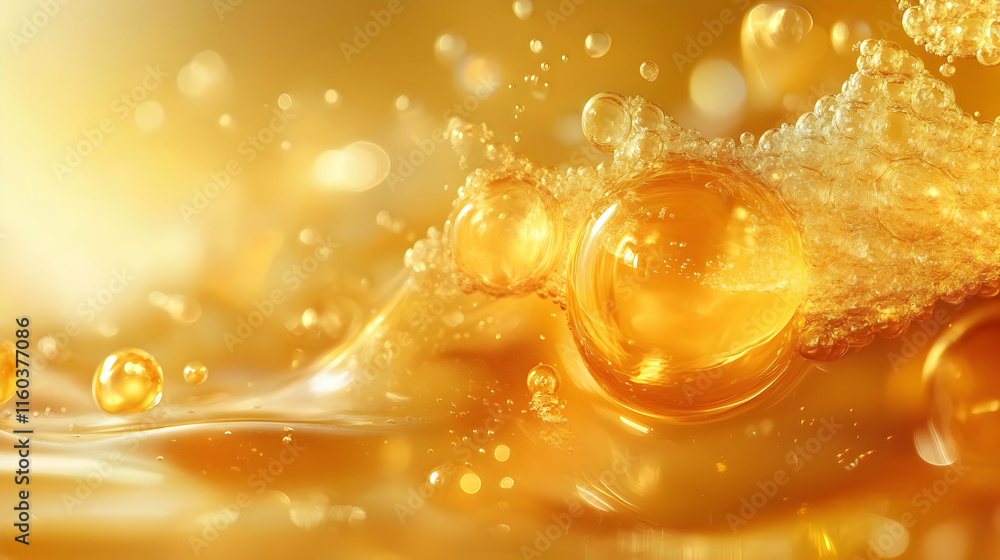 Poster golden liquid forms bubbles and splashes dynamically on a vibrant background.