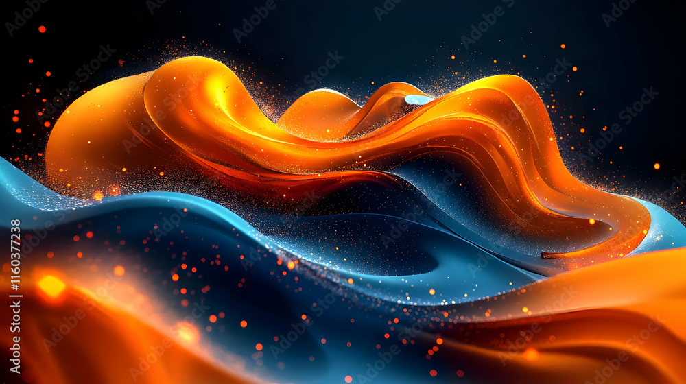 Poster abstract 3d render of flowing orange and blue waves with sparkling particles