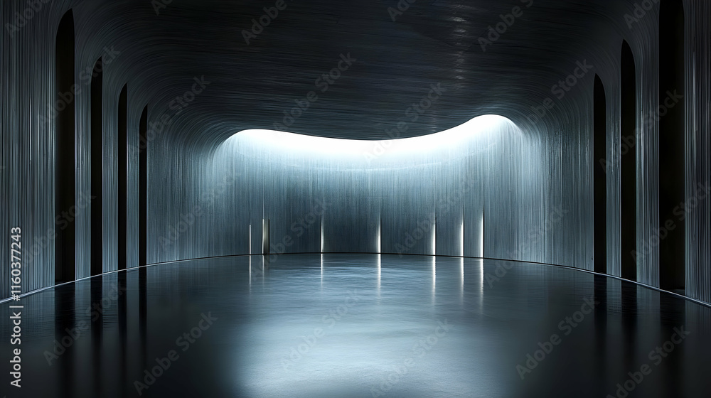 Poster dark empty room with glossy floor and textured walls reflecting light