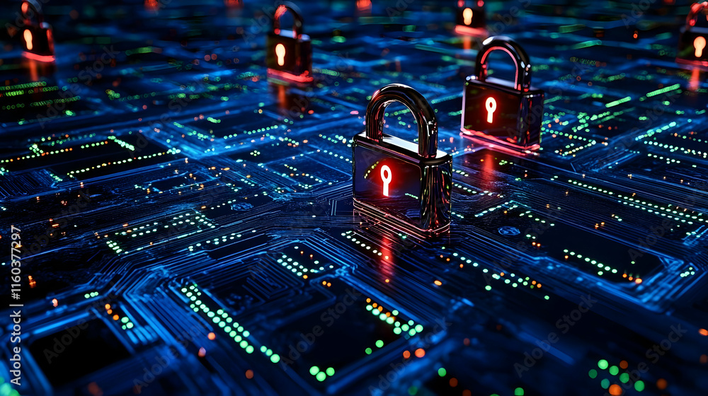 Poster digital padlocks secure circuit board: a 3d render of cybersecurity