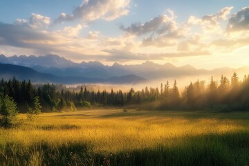 Fototapeta premium Majestic sunrise over misty mountain valley. (2)