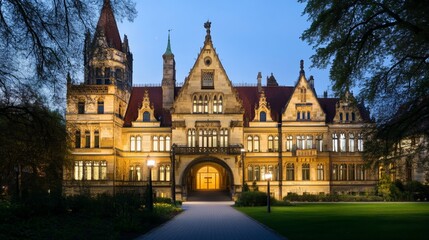 Obraz premium Courthouse building exterior bathed in warm sunset hues, symbolizing justice and order amidst the tranquility of evening light.