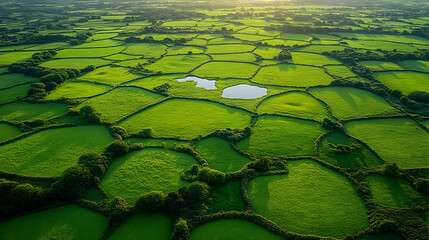 Aerial View Shows Lush Green Fields Divided by Hedgerows and Small Ponds at Sunset