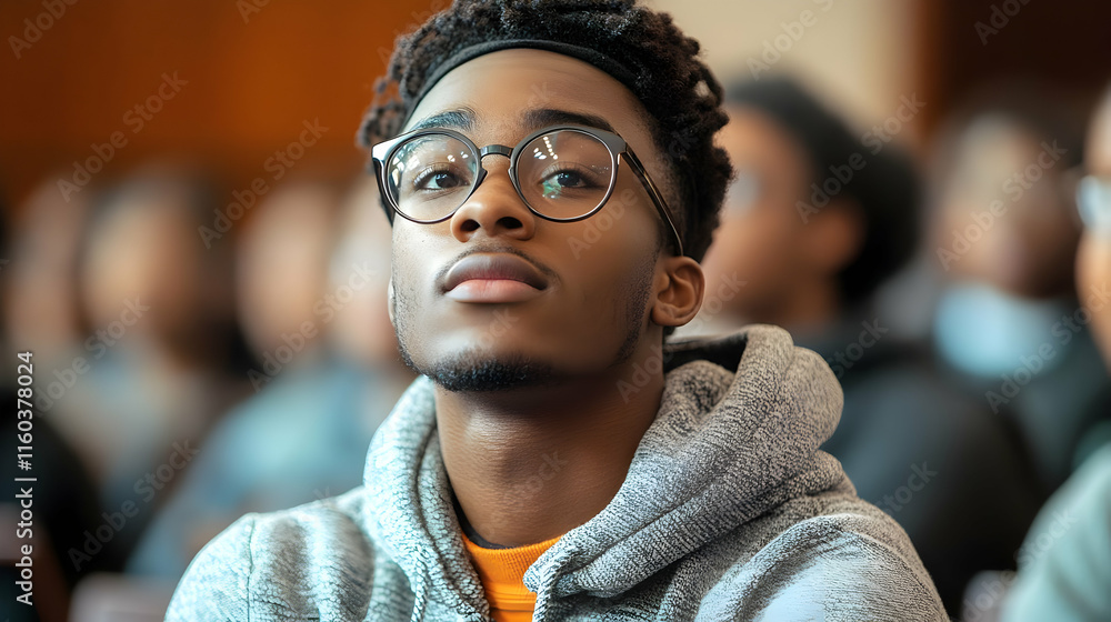 Poster a young man listens attentively in a classroom setting, focusing on the speaker with interest and cu