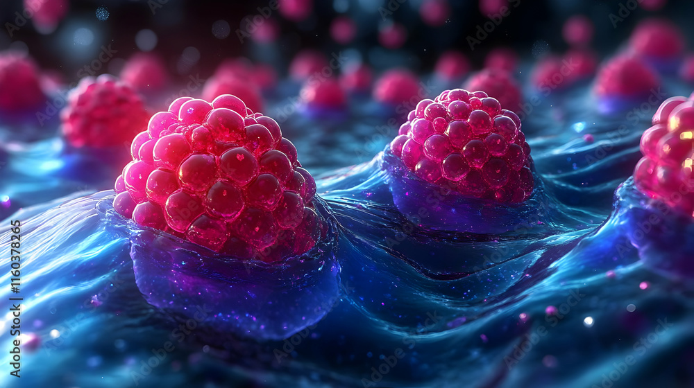 Poster microscopic view of raspberry-like structures floating on a wavy, blue surface
