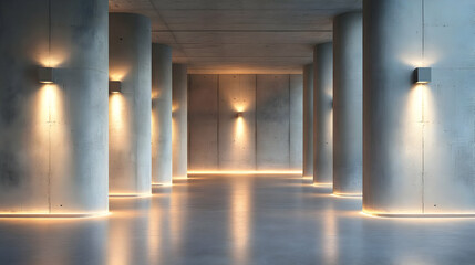 Illuminated Concrete Interior with Cylindrical Pillars and Warm Lighting Creates a Modern Ambiance.