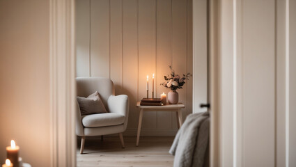 Fototapeta premium Cozy corner in a warm Phoenix apartment with soft lighting and inviting decor during evening hours