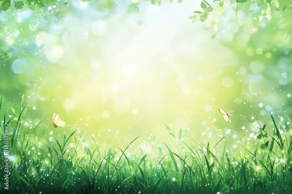 Poster magical spring meadow with butterflies and bokeh.