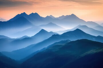Fototapeta premium Serene sunrise over layered blue mountains.