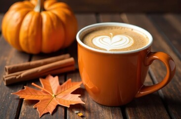 A cozy autumn scene with a pumpkin spice latte, cinnamon sticks, and maple leaves