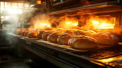 Freshly Baked Bread Loaves Emerge from a Hot Oven in a Bakery, Filling the Air with Warmth and Aroma.