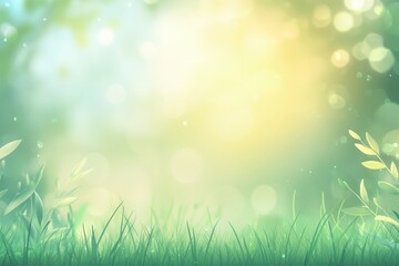 Obraz premium Spring background with bokeh, grass, and leaves.