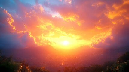 Obraz premium Sunset Illuminates Valley Cityscape with Vibrant Clouds Beautifully in Nature