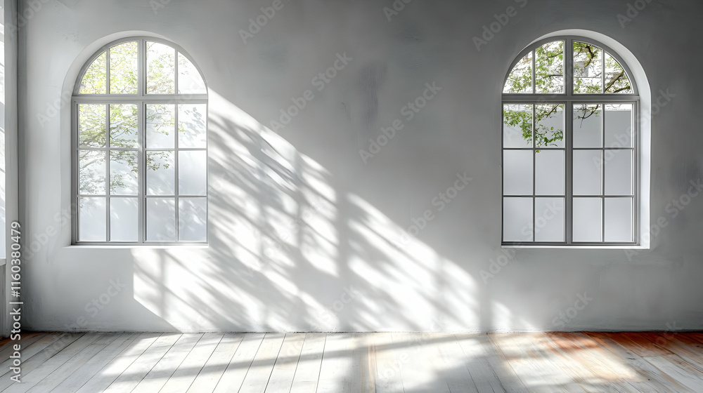Aufkleber empty room features two arched windows with sunlight streaming through, creating beautiful shadows.