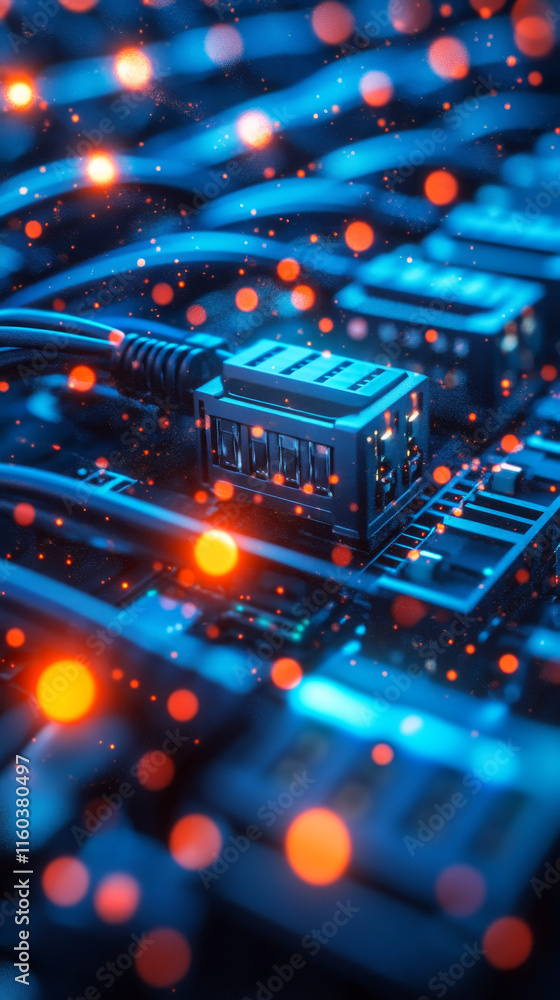 Poster close up view of glowing data cables and connectors in network setup