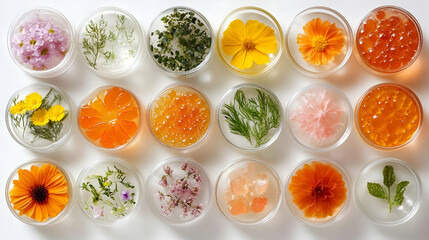 Colorful Botanical Specimens and Textures in Petri Dishes for Scientific Exploration.