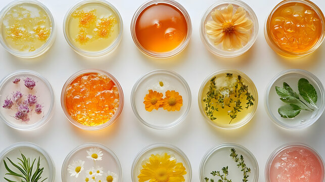 Natural Cosmetic Ingredients Displayed in Petri Dishes Showcasing Herbs and Floral Extracts Neatly on White Background