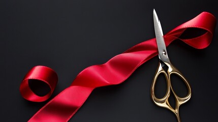 Scissors cutting red silk ribbon against black background