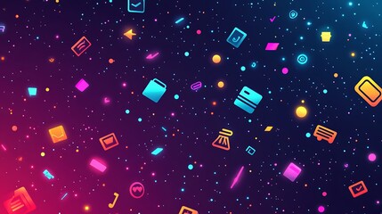 Colorful Marketplace Icons Against a Vibrant Cosmic Background