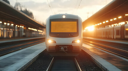 Naklejka premium Modern Train Arrives at Sunset at a Busy Station Platform with Bright Lights