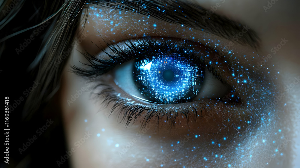 Poster close-up of eye with futuristic digital network overlay and glowing particles